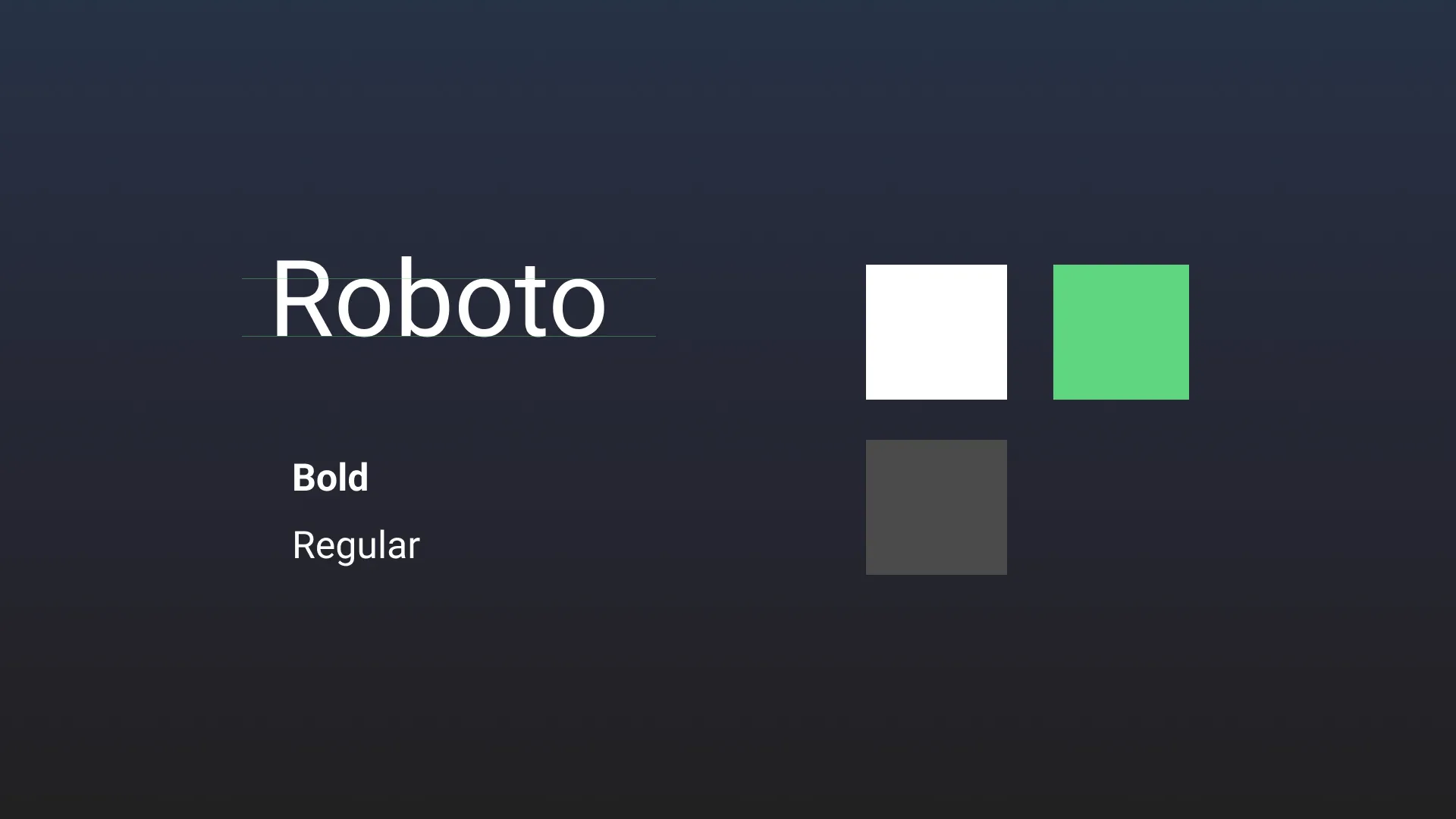 Der Style Guide des User Interface: Roboto als Schrift, weiß grün und grau als Farben