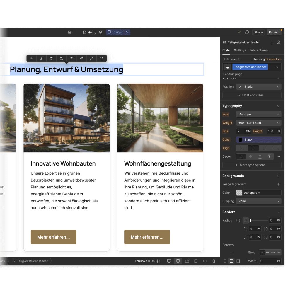Visualisierung des webflow Editors, um darzustellen, wie das Architektur Website Template bearbeitet werden kann