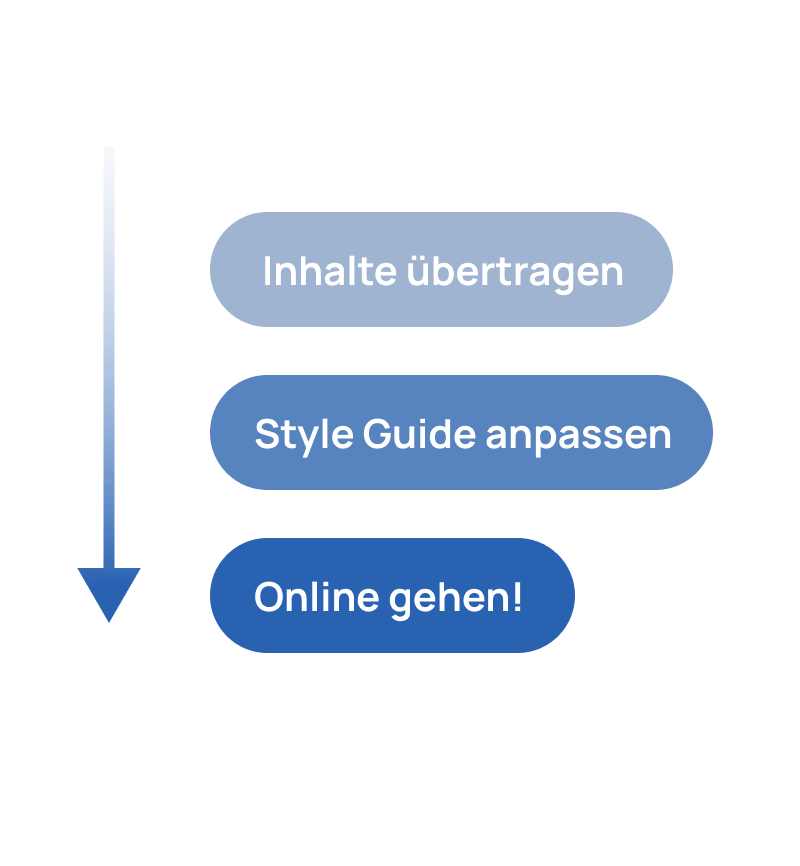 Visuelle Darstellung des Ablaufs: Inhalte ins Template übertragen, Style Guide anpassen und Online gehen!